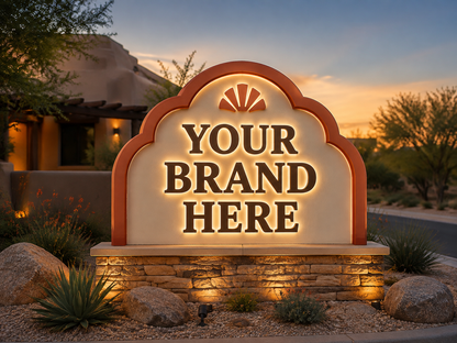 Conceptual Desert Modern rendering of custom-shaped monument sign displaying YOUR BRAND HERE.