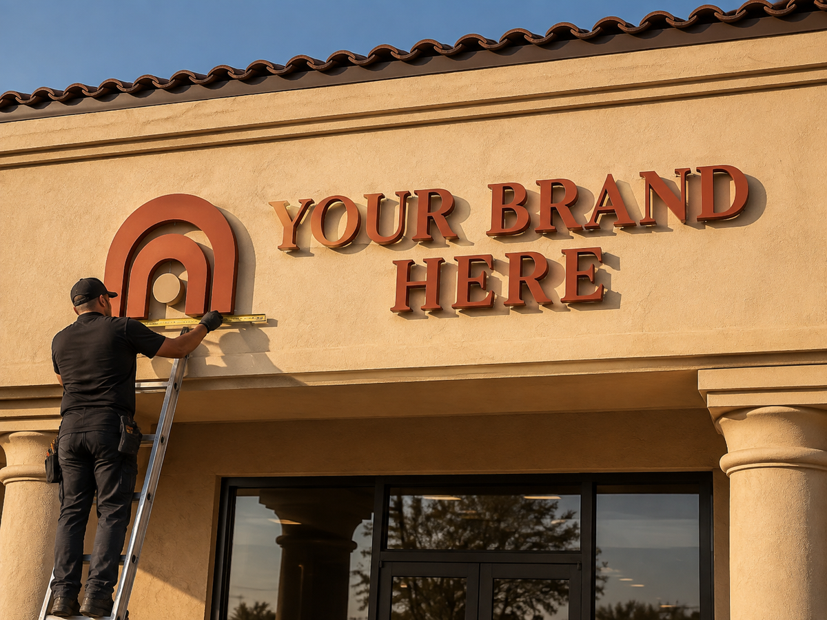 Conceptual Desert Modern rendering of dimensional storefront letters and installation displaying YOUR BRAND HERE.