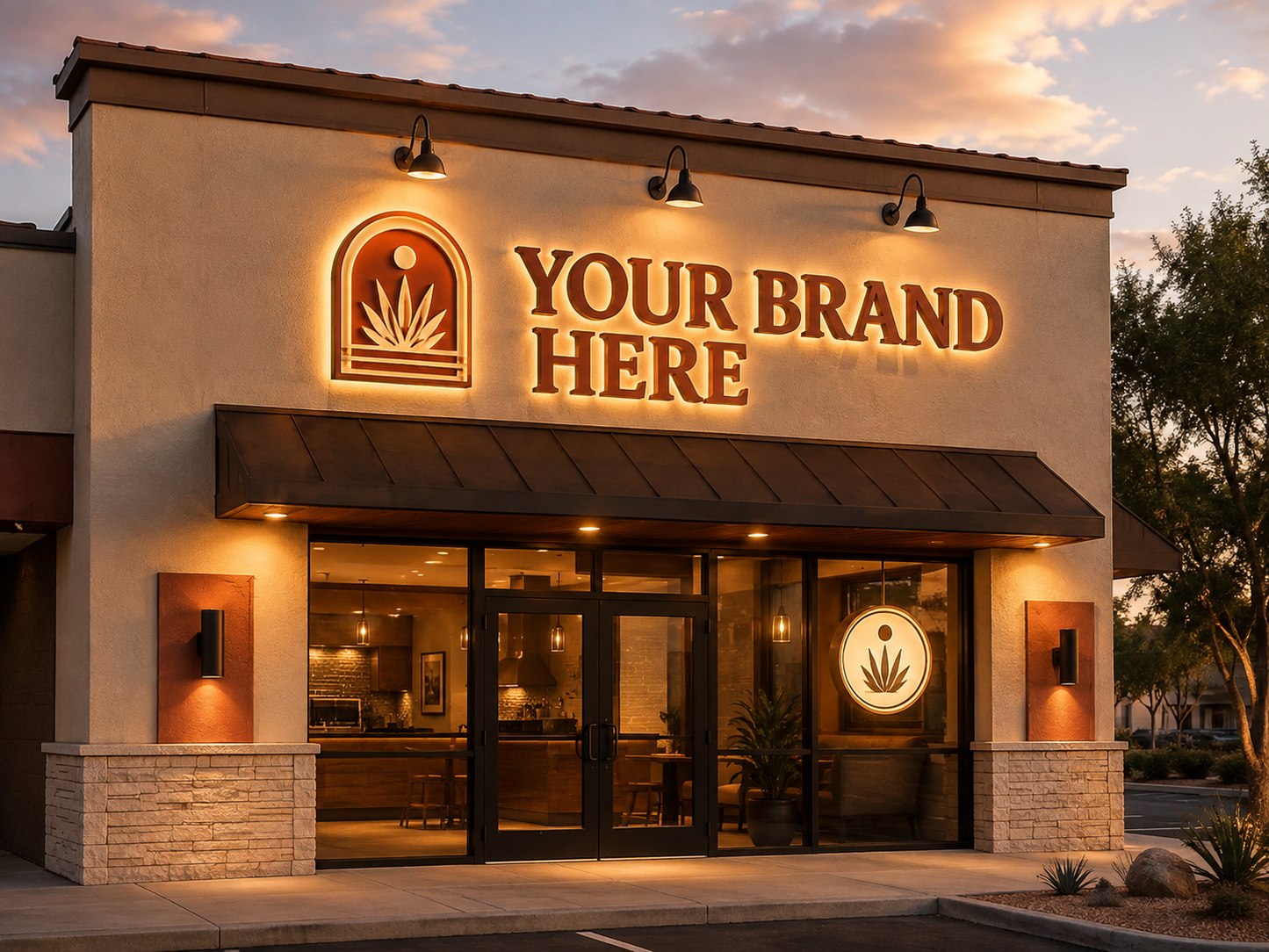 Conceptual Desert Modern rendering of custom illuminated storefront sign package displaying YOUR BRAND HERE.