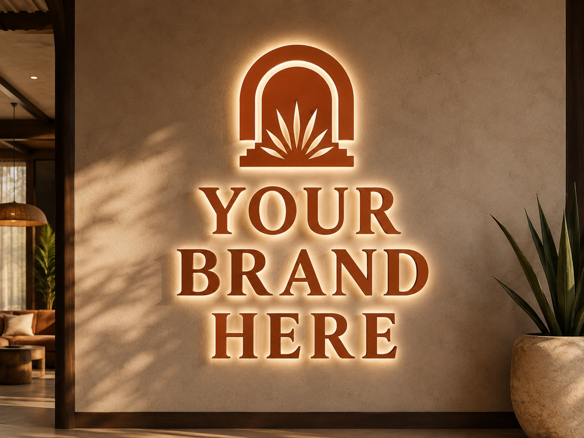 Conceptual Desert Modern rendering of halo-lit channel letters and logo displaying YOUR BRAND HERE.