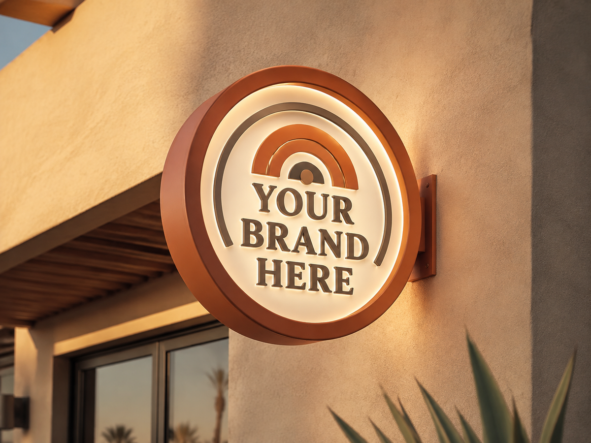 Conceptual Desert Modern rendering of round exterior logo cabinet sign displaying YOUR BRAND HERE.