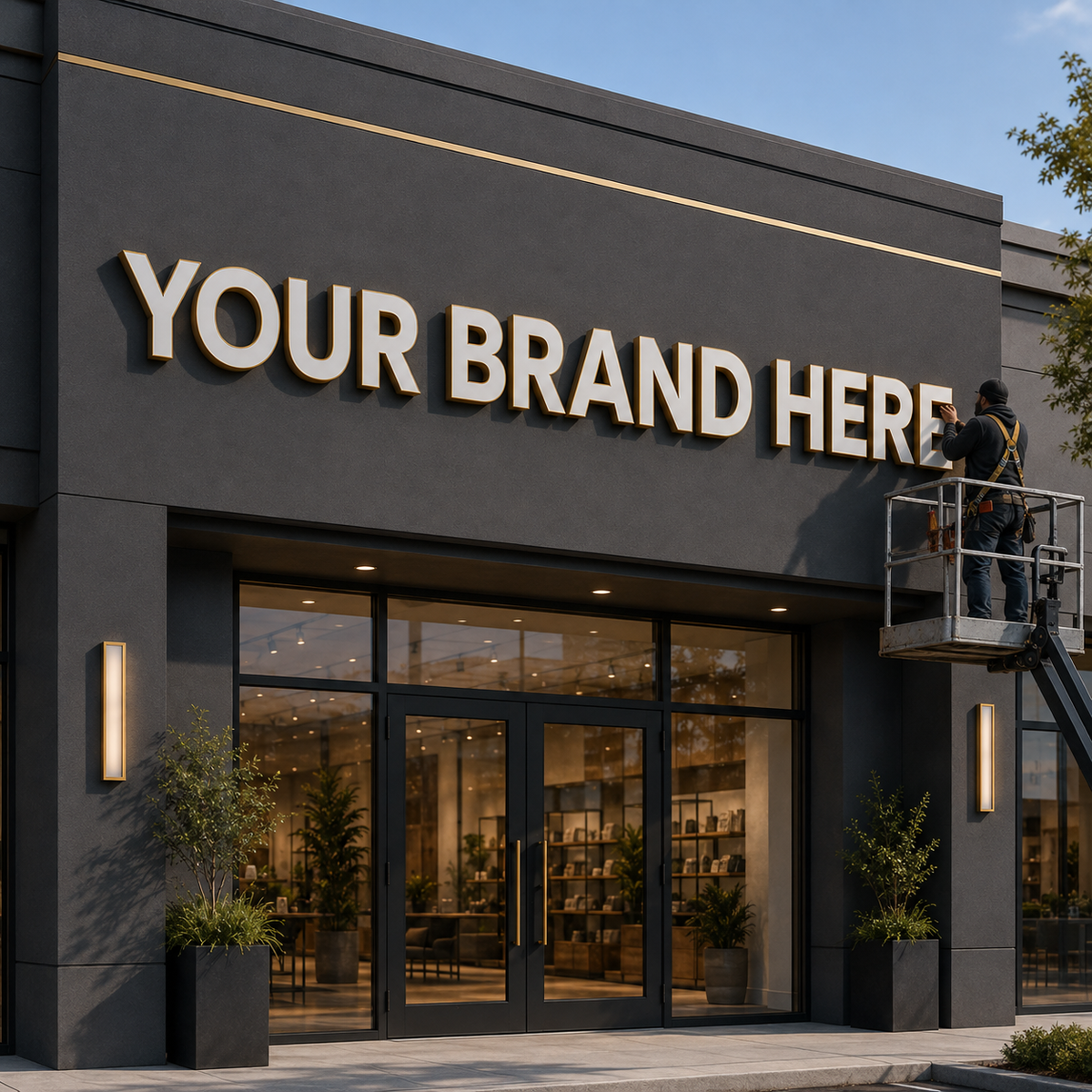 Conceptual rendering of dimensional storefront letters during installation displaying YOUR BRAND HERE.