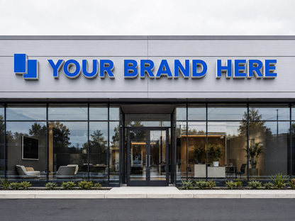 Conceptual Clean Corporate rendering of custom storefront channel letters displaying YOUR BRAND HERE.