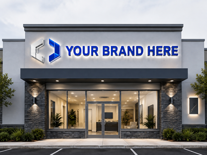 Conceptual Clean Corporate rendering of custom illuminated storefront sign package displaying YOUR BRAND HERE.