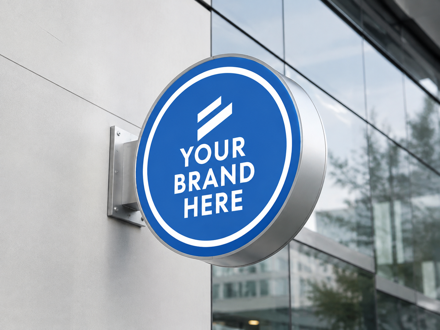 Conceptual Clean Corporate rendering of round exterior logo cabinet sign displaying YOUR BRAND HERE.