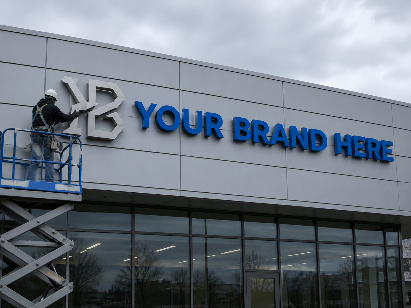 Conceptual Clean Corporate rendering of dimensional storefront letters and installation displaying YOUR BRAND HERE.