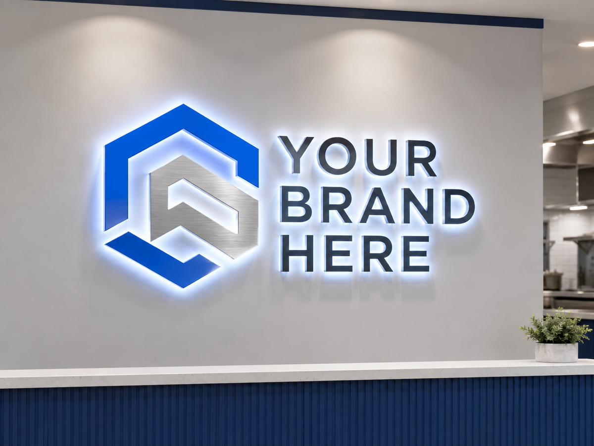 Conceptual Clean Corporate rendering of illuminated custom logo sign displaying YOUR BRAND HERE.