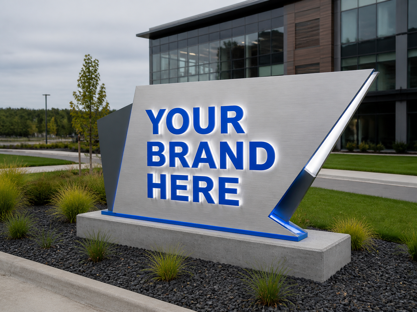 Conceptual Clean Corporate rendering of custom-shaped monument sign displaying YOUR BRAND HERE.