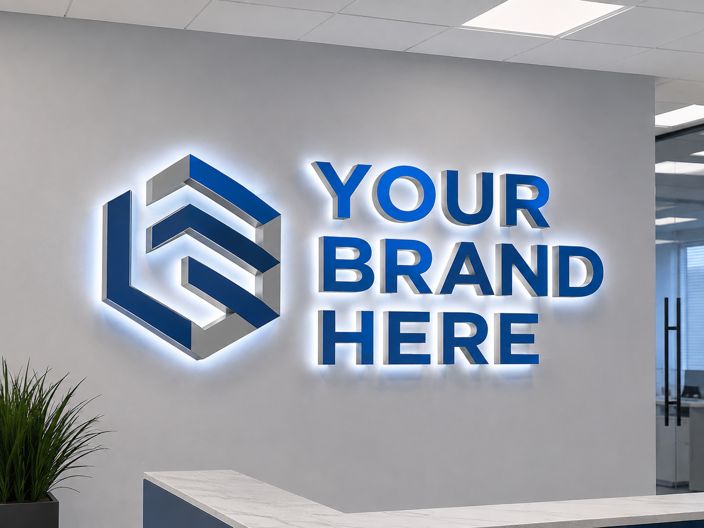 Conceptual Clean Corporate rendering of halo-lit channel letters and logo displaying YOUR BRAND HERE.