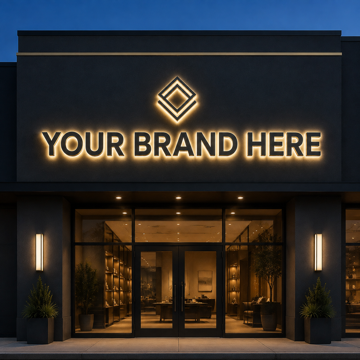 Conceptual rendering of halo-lit channel letters and a logo displaying YOUR BRAND HERE.
