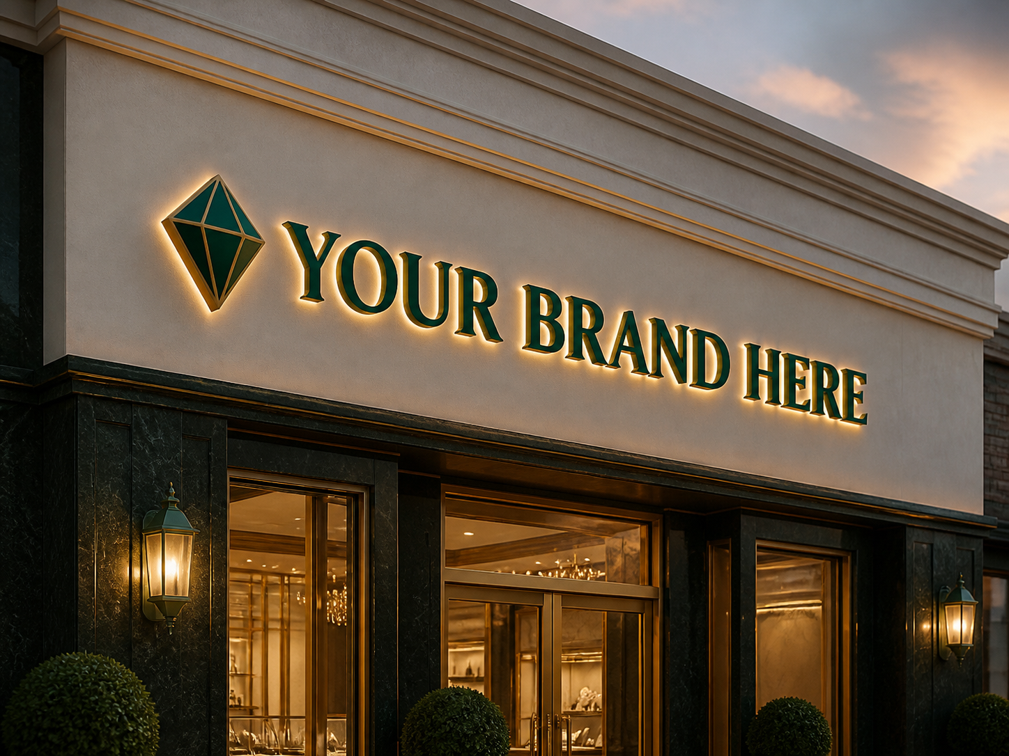 Conceptual Emerald Luxury rendering of custom storefront channel letters displaying YOUR BRAND HERE.