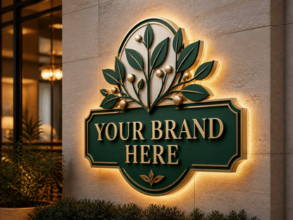 Conceptual Emerald Luxury rendering of illuminated custom logo sign displaying YOUR BRAND HERE.