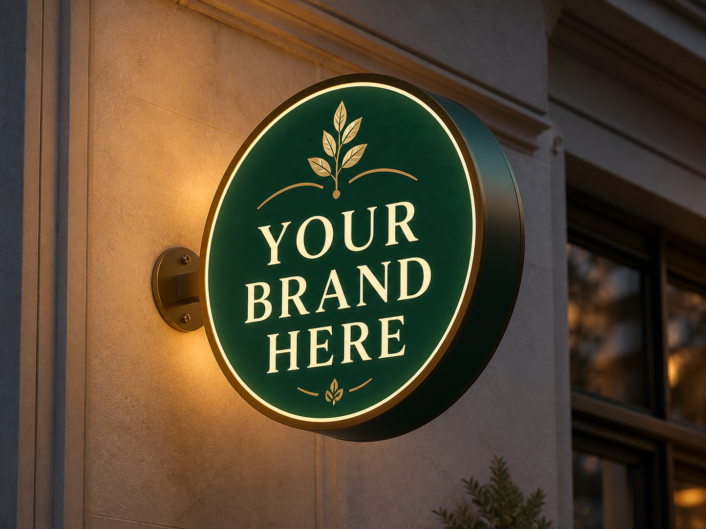Conceptual Emerald Luxury rendering of round exterior logo cabinet sign displaying YOUR BRAND HERE.