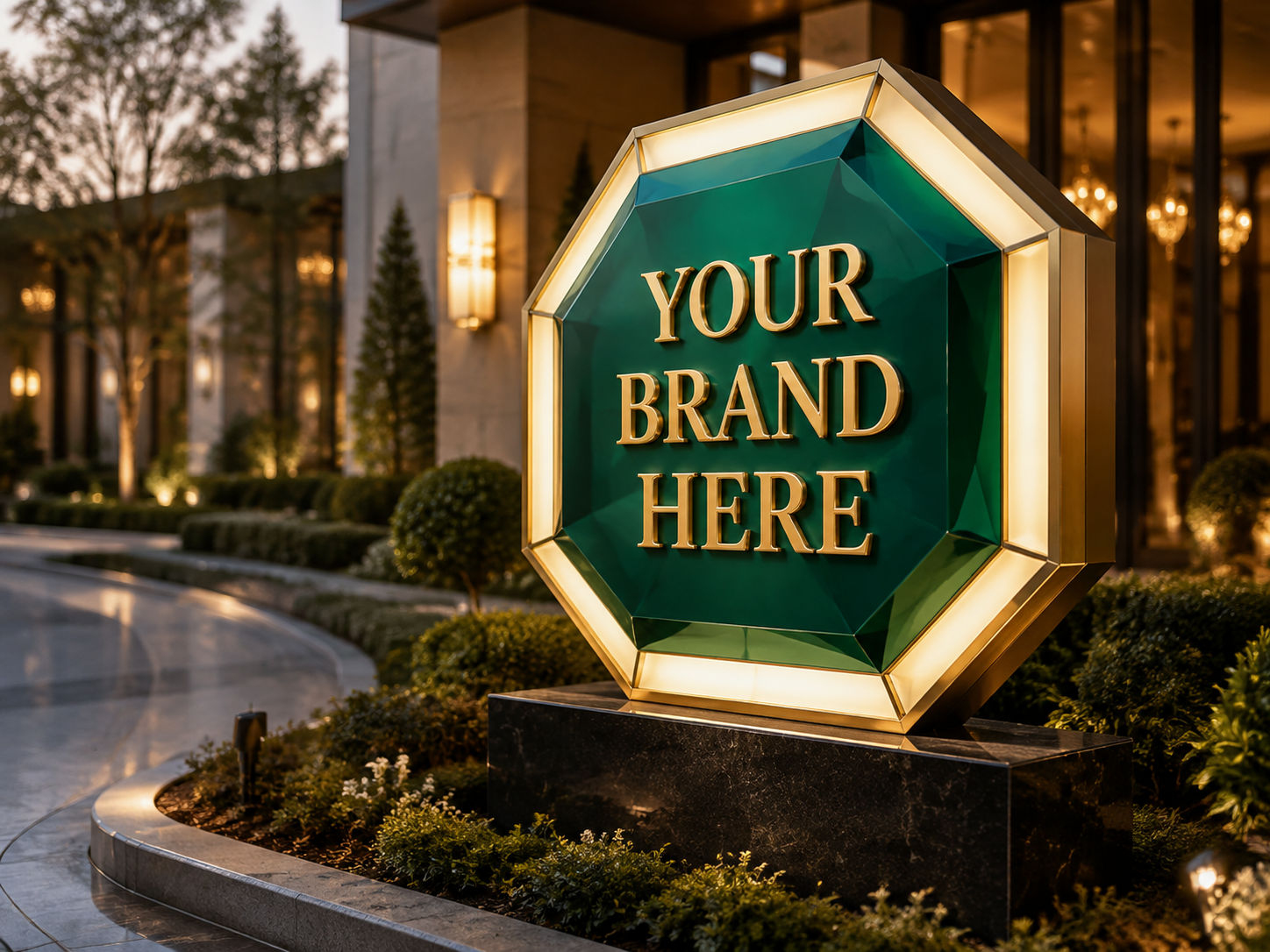 Conceptual Emerald Luxury rendering of custom-shaped monument sign displaying YOUR BRAND HERE.
