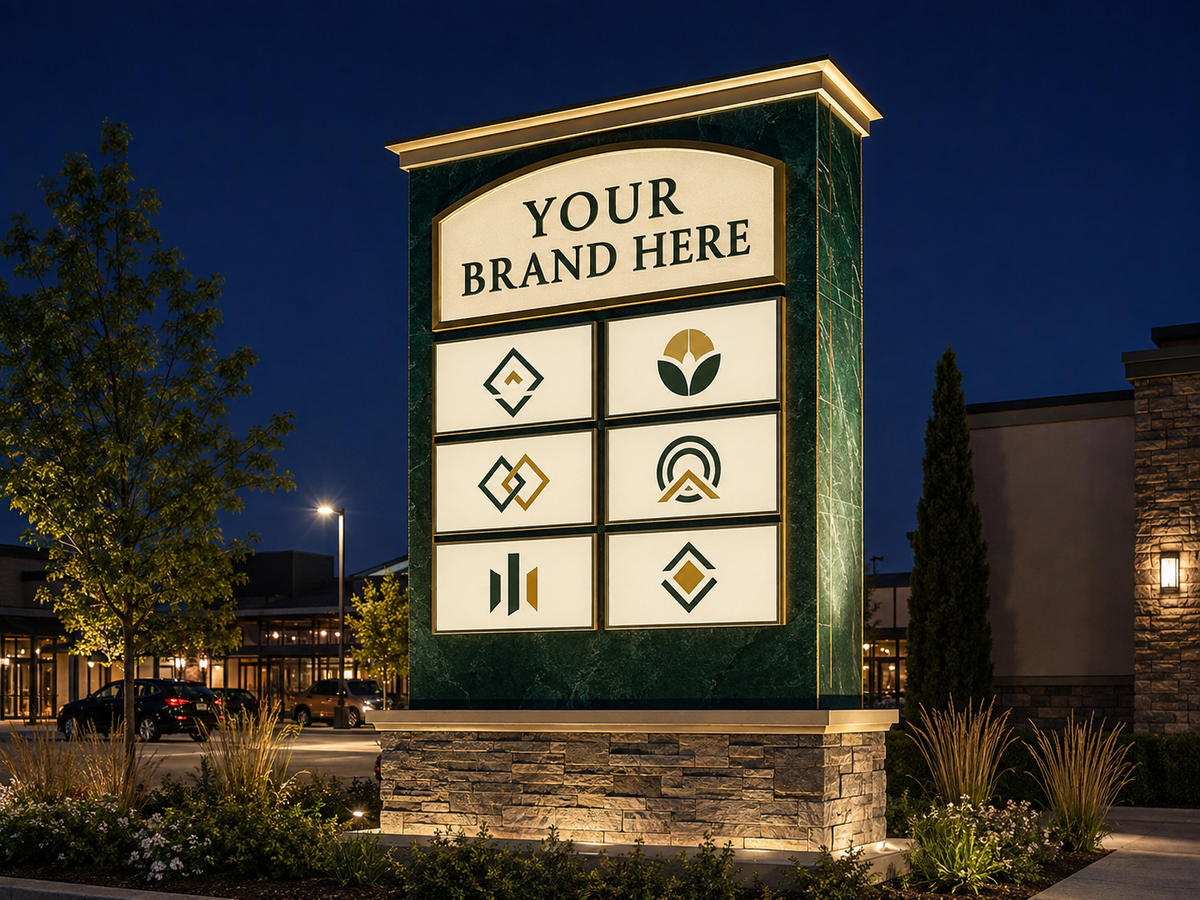 Conceptual Emerald Luxury rendering of illuminated multi-tenant monument sign displaying YOUR BRAND HERE.