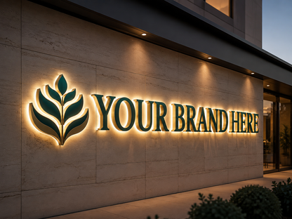 Conceptual Emerald Luxury rendering of halo-lit channel letters and logo displaying YOUR BRAND HERE.