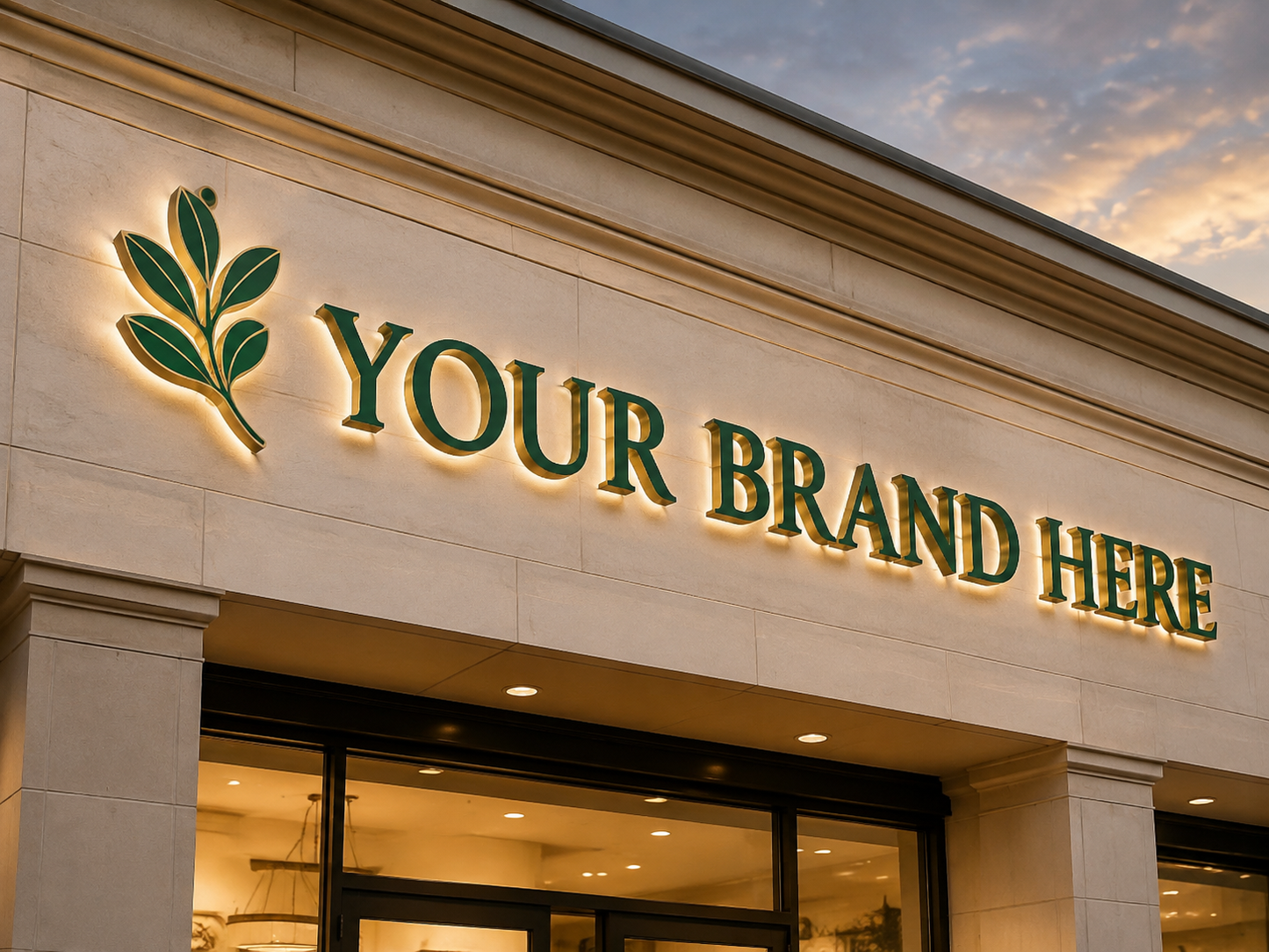 Conceptual Emerald Luxury rendering of dimensional storefront letters and installation displaying YOUR BRAND HERE.