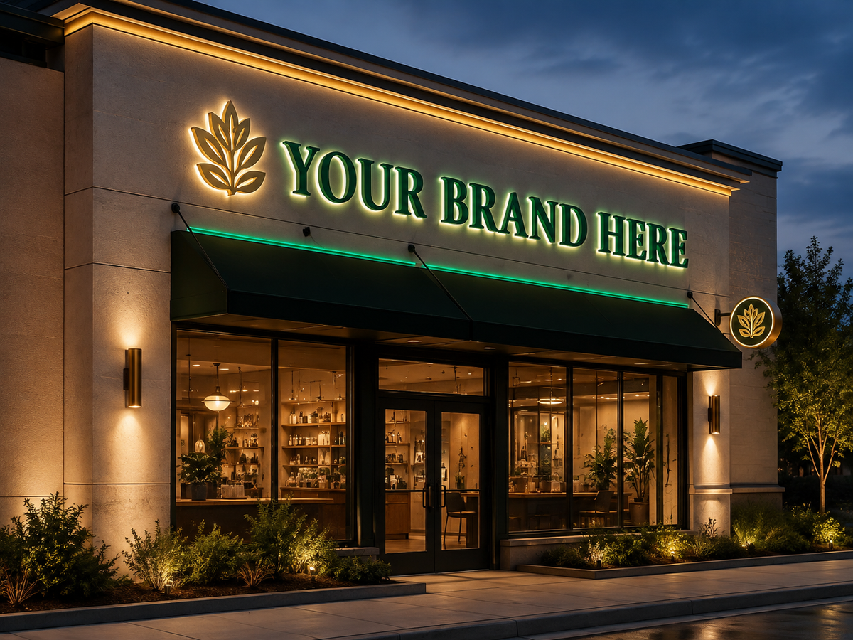 Conceptual Emerald Luxury rendering of custom illuminated storefront sign package displaying YOUR BRAND HERE.
