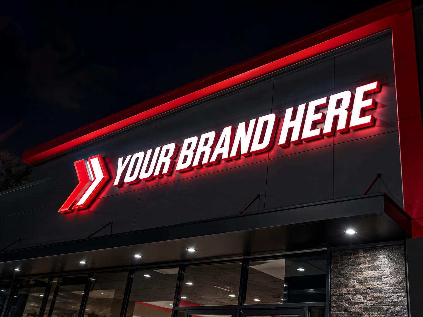 Conceptual Red Impact rendering of custom storefront channel letters displaying YOUR BRAND HERE.