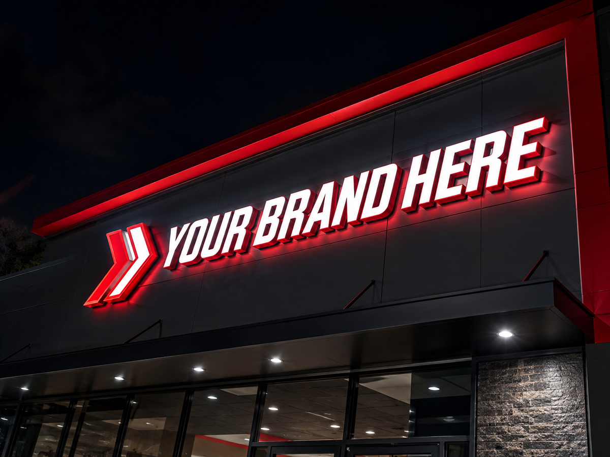 Conceptual Red Impact rendering of custom storefront channel letters displaying YOUR BRAND HERE.
