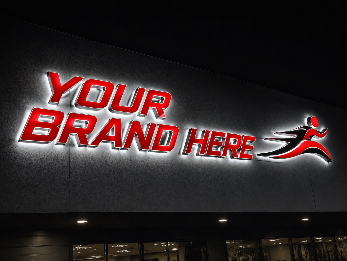 Conceptual Red Impact rendering of halo-lit channel letters and logo displaying YOUR BRAND HERE.