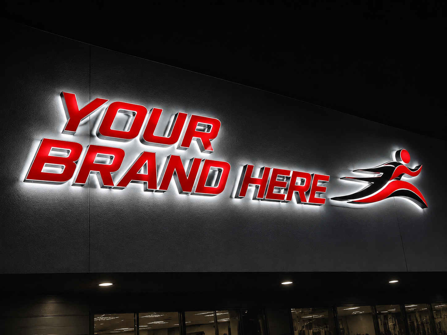 Conceptual Red Impact rendering of halo-lit channel letters and logo displaying YOUR BRAND HERE.