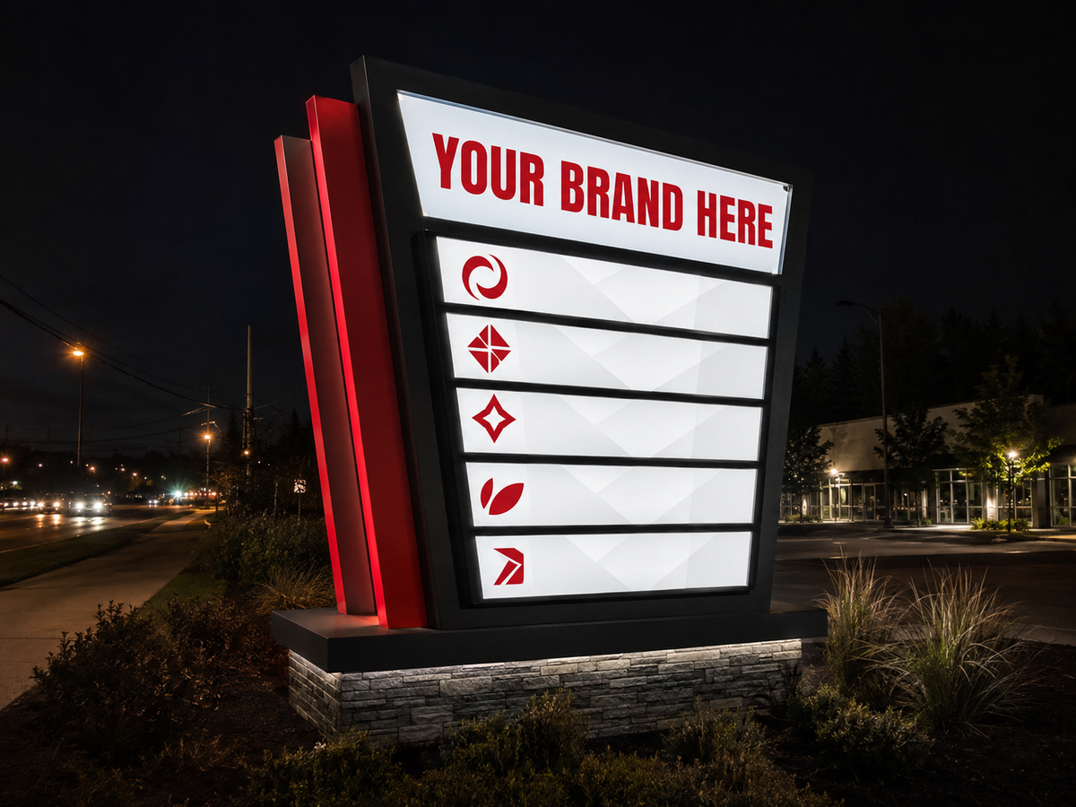 Conceptual Red Impact rendering of illuminated multi-tenant monument sign displaying YOUR BRAND HERE.