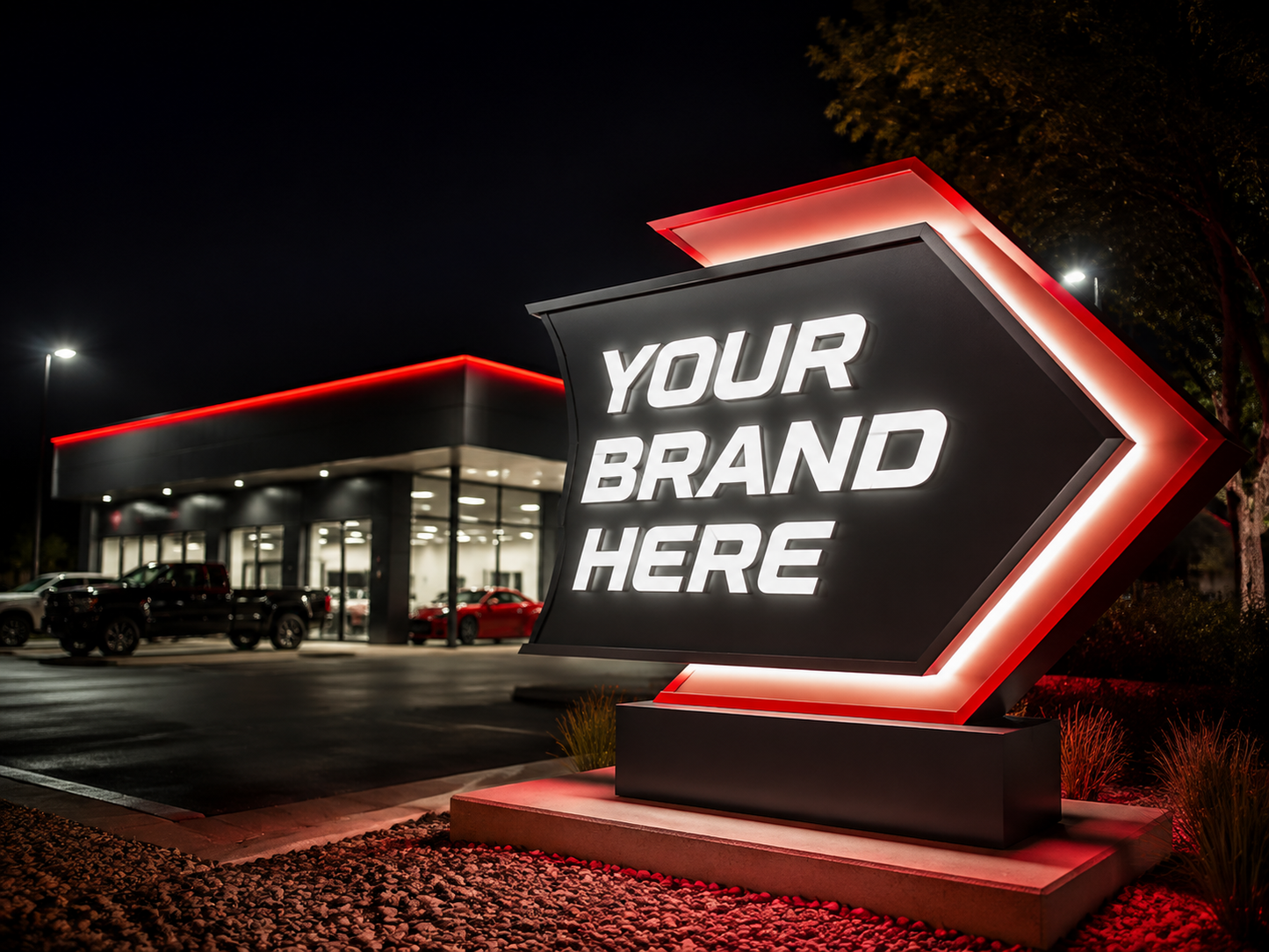 Conceptual Red Impact rendering of custom-shaped monument sign displaying YOUR BRAND HERE.