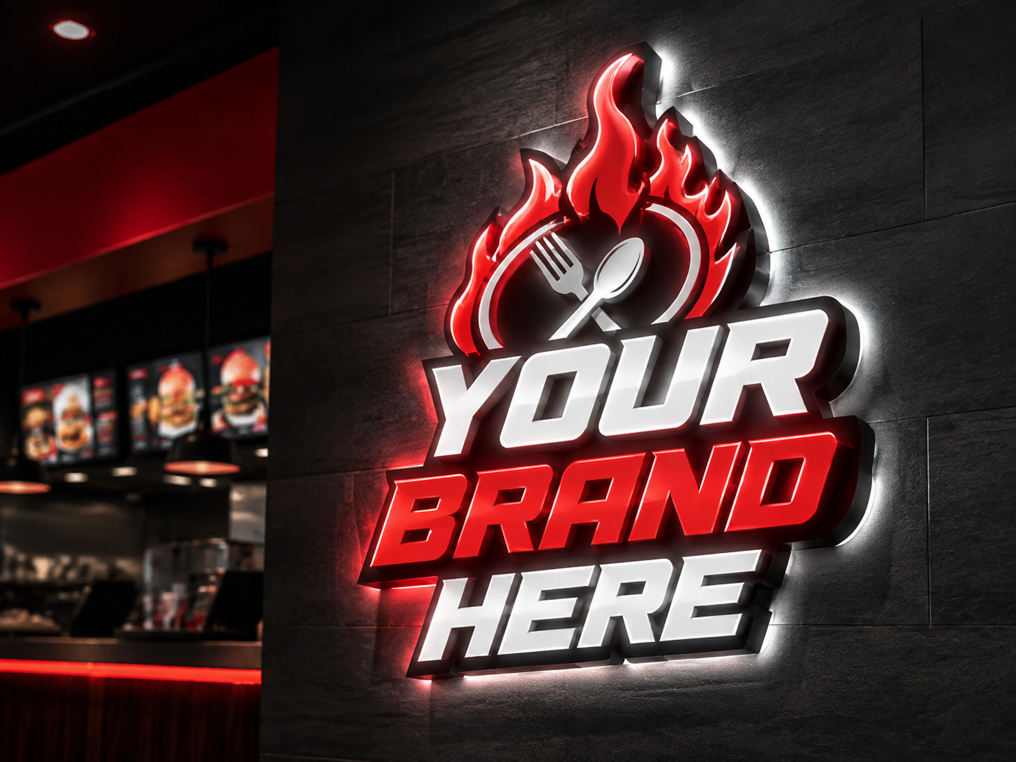 Conceptual Red Impact rendering of illuminated custom logo sign displaying YOUR BRAND HERE.