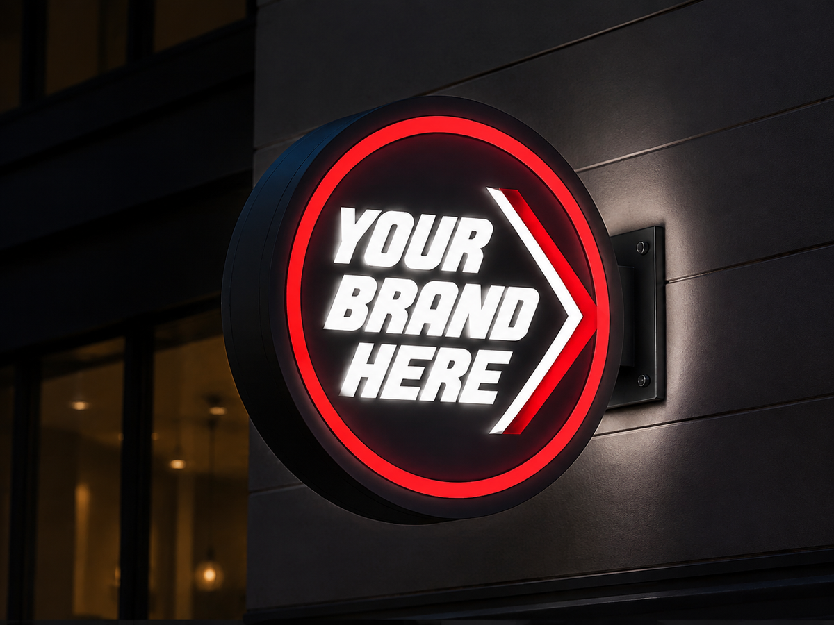 Conceptual Red Impact rendering of round exterior logo cabinet sign displaying YOUR BRAND HERE.