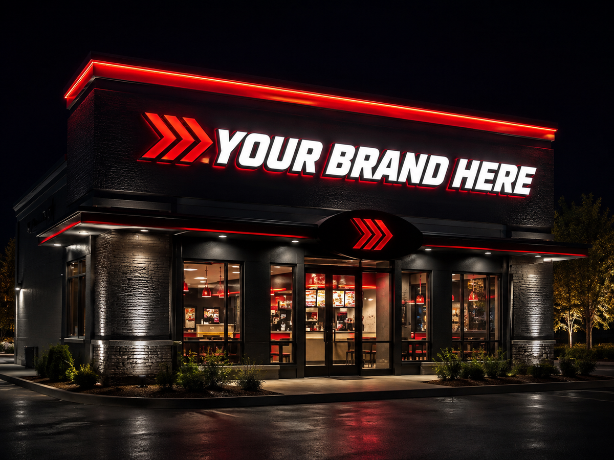 Conceptual Red Impact rendering of custom illuminated storefront sign package displaying YOUR BRAND HERE.