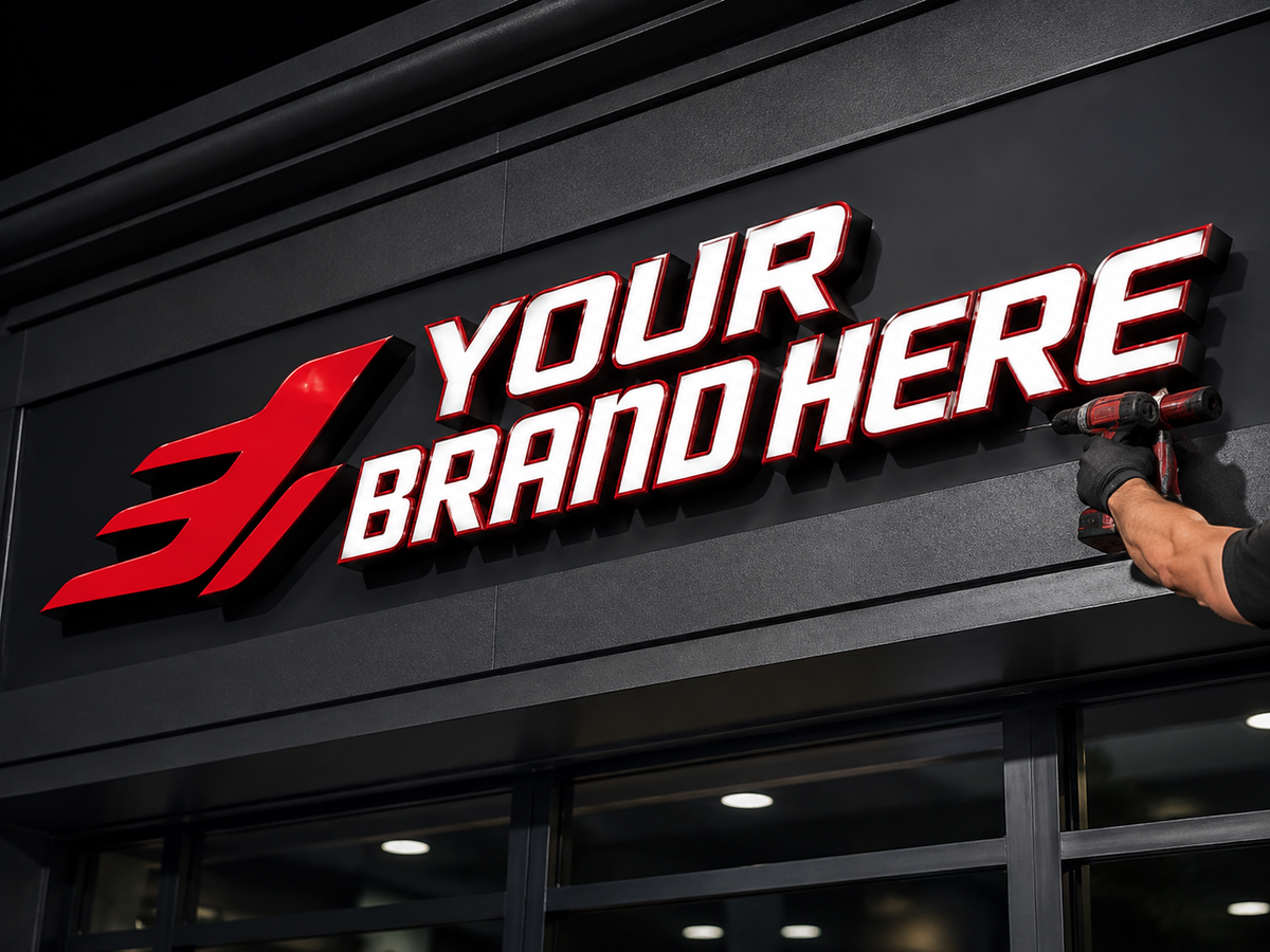 Conceptual Red Impact rendering of dimensional storefront letters and installation displaying YOUR BRAND HERE.