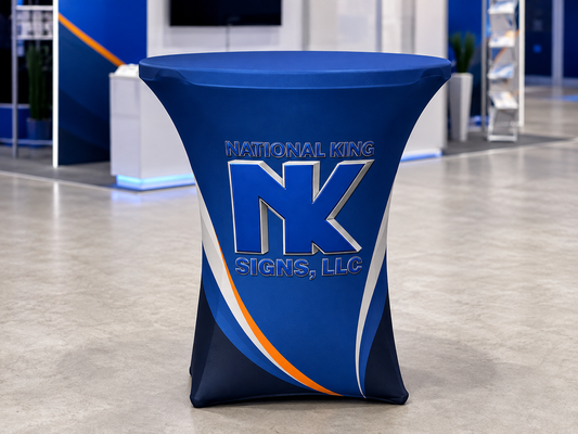 National King Signs AI branded hero 2026-09-06: Premium Round Stretch Table Cover (Dye Sublimated)