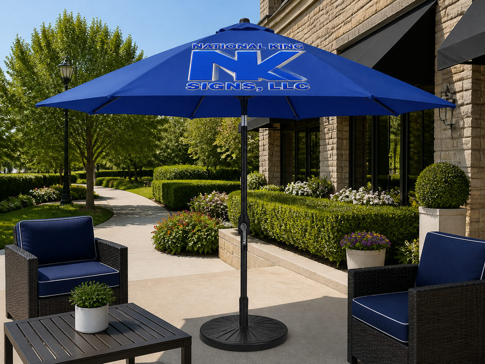 National King Signs AI branded hero 2026-09-06: 9' Outdoor Aluminum Patio Umbrella (Dye-Sublimation)