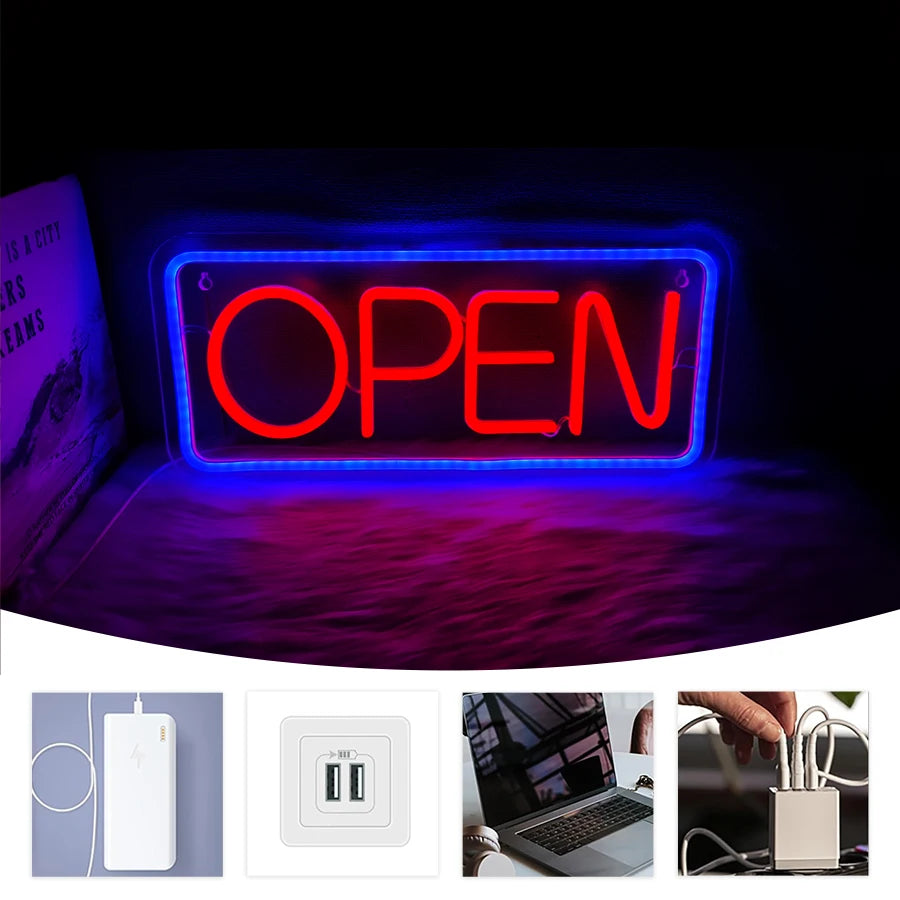 OPEN USB LED Neon Sign - Red & Blue
