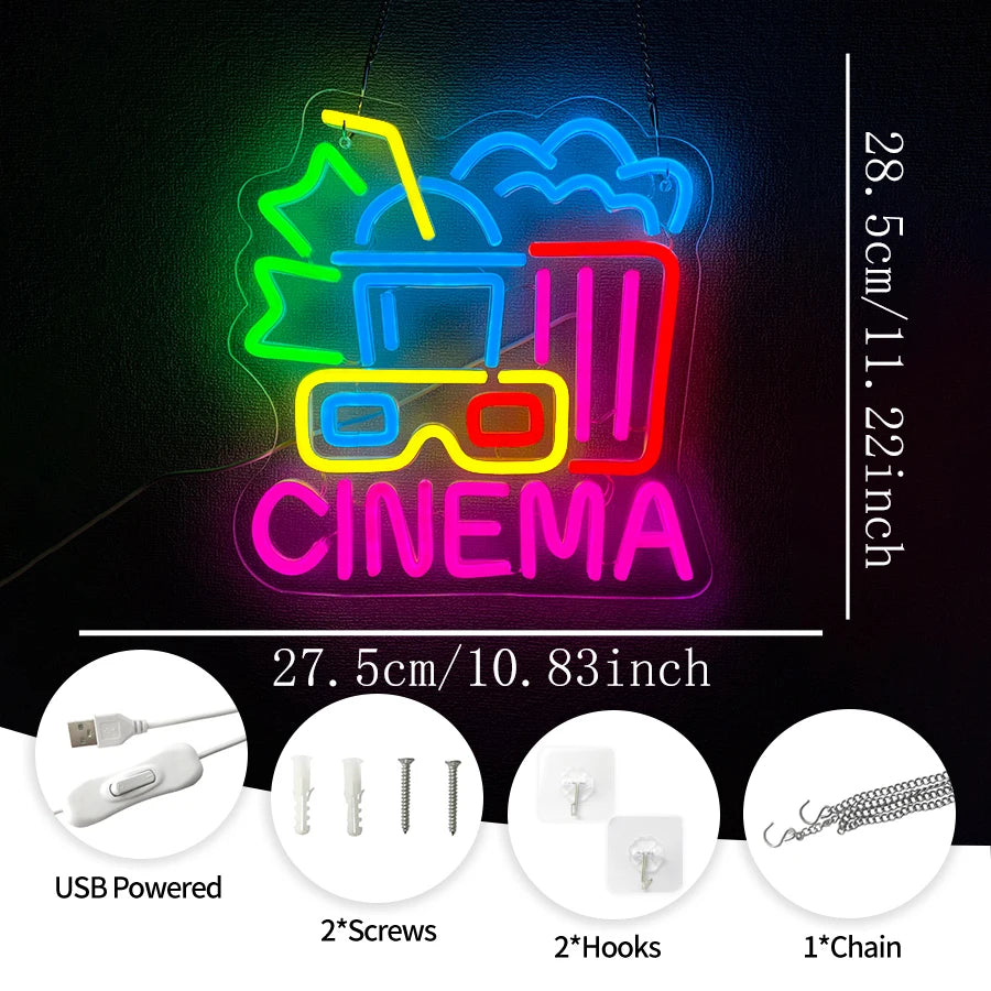 Cinema & Popcorn USB LED Neon Sign