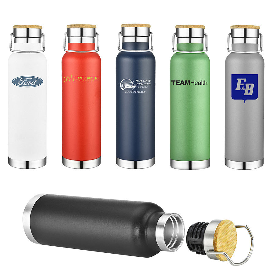 22 Oz Double Wall Bottle with Bamboo Screw-On Lid, customizable by National King Signs