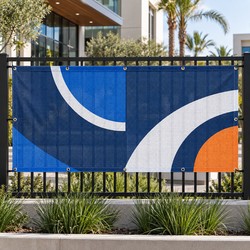 Illustrative custom 10 oz vinyl mesh banner with perforated surface, hemmed edges and grommets installed on an outdoor fence.