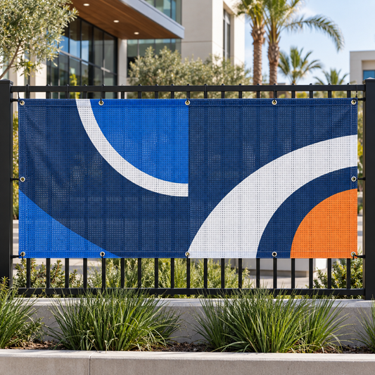 Illustrative custom 10 oz vinyl mesh banner with perforated surface, hemmed edges and grommets installed on an outdoor fence.