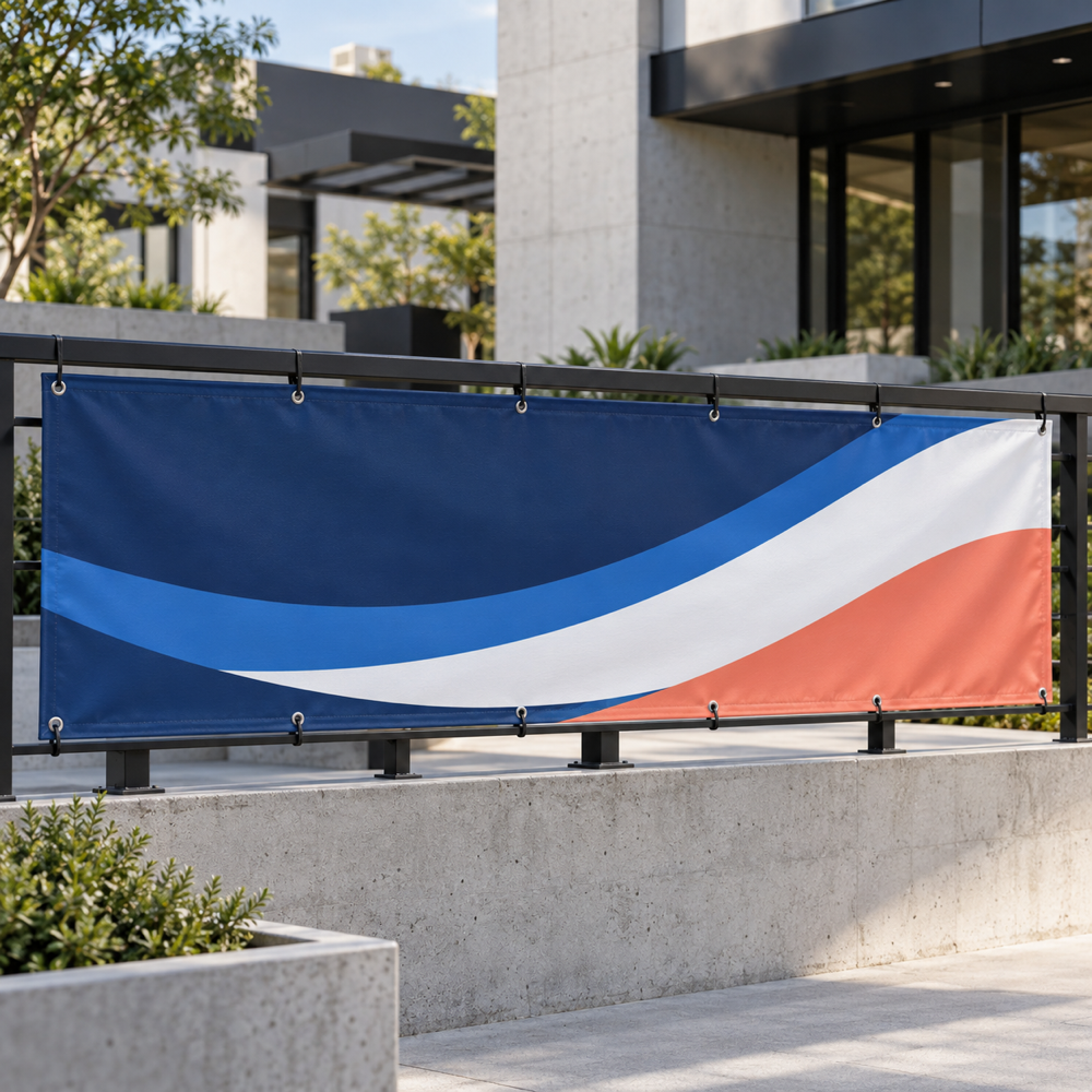 Custom heavy-duty blockout vinyl banner with hemmed edges and grommets at a commercial plaza
