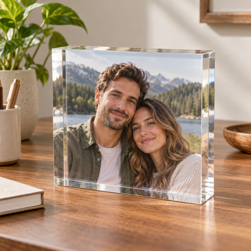 Custom acrylic photo block with a synthetic couple portrait on a modern desk.