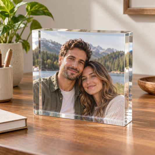 Custom acrylic photo block with a synthetic couple portrait on a modern desk.