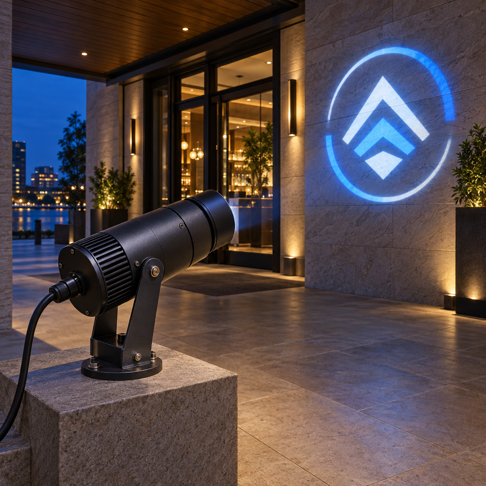 Logo gobo projector on an adjustable bracket beneath a covered commercial entrance, projecting a geometric emblem onto a dry stone wall