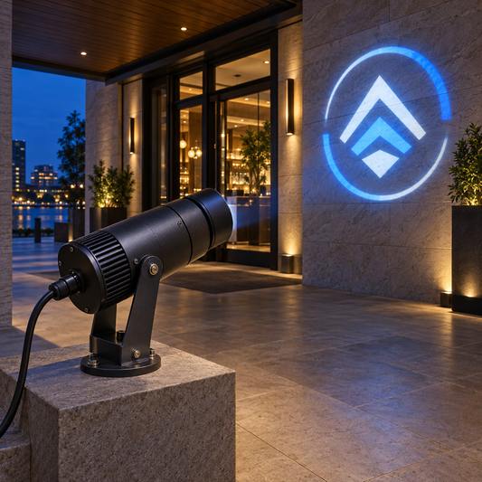 Logo gobo projector on an adjustable bracket beneath a covered commercial entrance, projecting a geometric emblem onto a dry stone wall