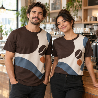 Café team wearing coordinated full-color custom short-sleeve barista shirts