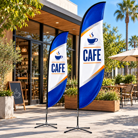 Illustrative cafes custom blade-flag mockup; final artwork and configuration are confirmed before production.