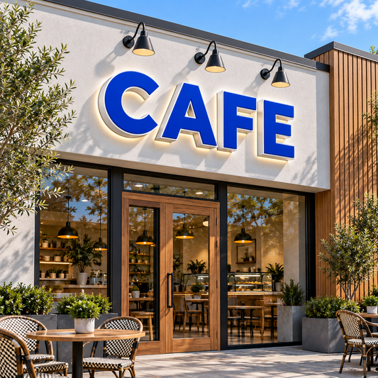 Illustrative cafes custom storefront channel-letter sign mockup; final artwork and configuration are confirmed before production.