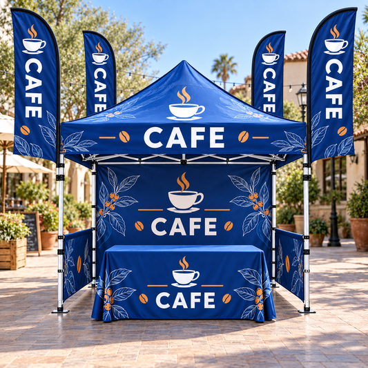 Illustrative cafes custom 10x10 tent and flag package mockup; final artwork and configuration are confirmed before production.