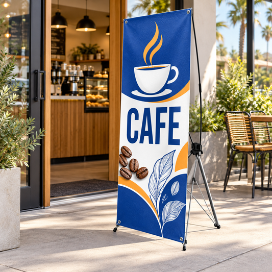Illustrative cafes custom X-stand banner mockup; final artwork and configuration are confirmed before production.