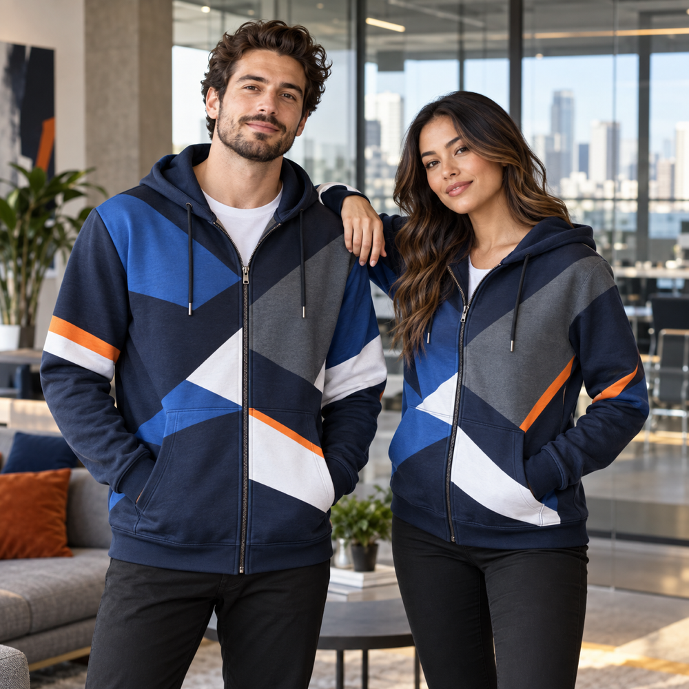 Corporate team wearing coordinated full-color custom full-zip hoodies in a modern office